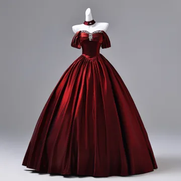 Élégant Bordeaux Perlage Faux Diamant Satin Robe De Bal 2026 Robe Boule De L Épaule Manches Courtes Dos Nu Longue Robe De Ceremonie