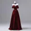 Elegant Burgundy Beading Rhinestone Satin Prom Dresses 2026 Ball Gown Off-The-Shoulder Short Sleeve Backless Floor-Length / Long Formal Dresses