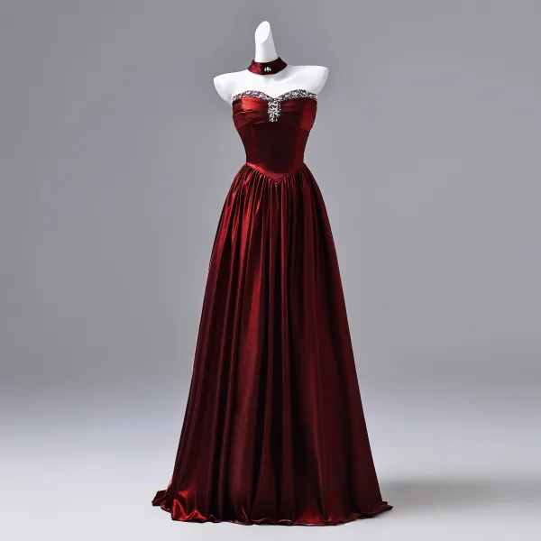 Elegant Burgundy Beading Rhinestone Satin Prom Dresses 2026 Ball Gown Off-The-Shoulder Short Sleeve Backless Floor-Length / Long Formal Dresses