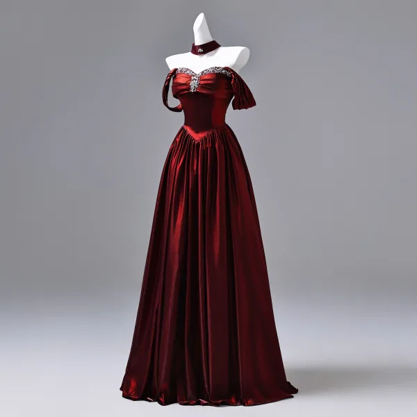 Elegant Burgundy Beading Rhinestone Satin Prom Dresses 2026 Ball Gown Off-The-Shoulder Short Sleeve Backless Floor-Length / Long Formal Dresses