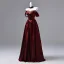 Elegant Burgundy Beading Rhinestone Satin Prom Dresses 2026 Ball Gown Off-The-Shoulder Short Sleeve Backless Floor-Length / Long Formal Dresses