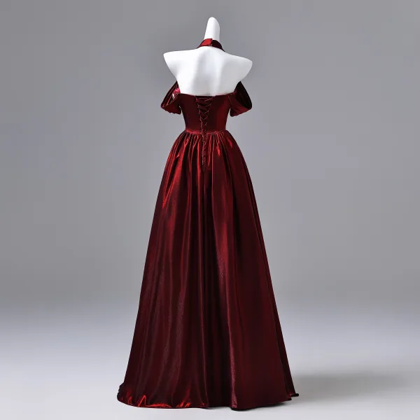 Elegant Burgundy Beading Rhinestone Satin Prom Dresses 2026 Ball Gown Off-The-Shoulder Short Sleeve Backless Floor-Length / Long Formal Dresses