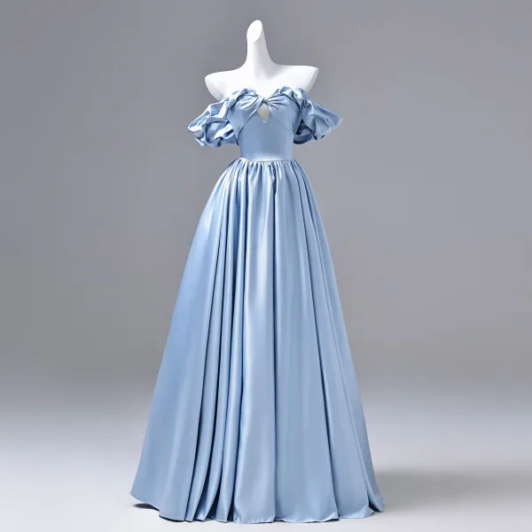 Elegant Sky Blue Prom Dresses 2026 Ball Gown Off-The-Shoulder Sleeveless Backless Floor-Length / Long Formal Dresses