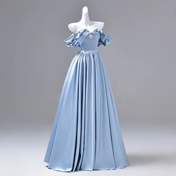 Elegant Sky Blue Prom Dresses 2026 Ball Gown Off-The-Shoulder Sleeveless Backless Floor-Length / Long Formal Dresses