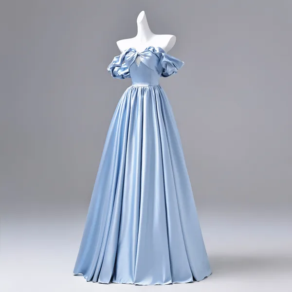 Elegant Sky Blue Prom Dresses 2026 Ball Gown Off-The-Shoulder Sleeveless Backless Floor-Length / Long Formal Dresses