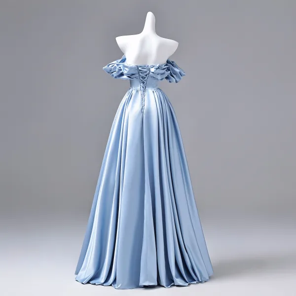 Elegant Sky Blue Prom Dresses 2026 Ball Gown Off-The-Shoulder Sleeveless Backless Floor-Length / Long Formal Dresses