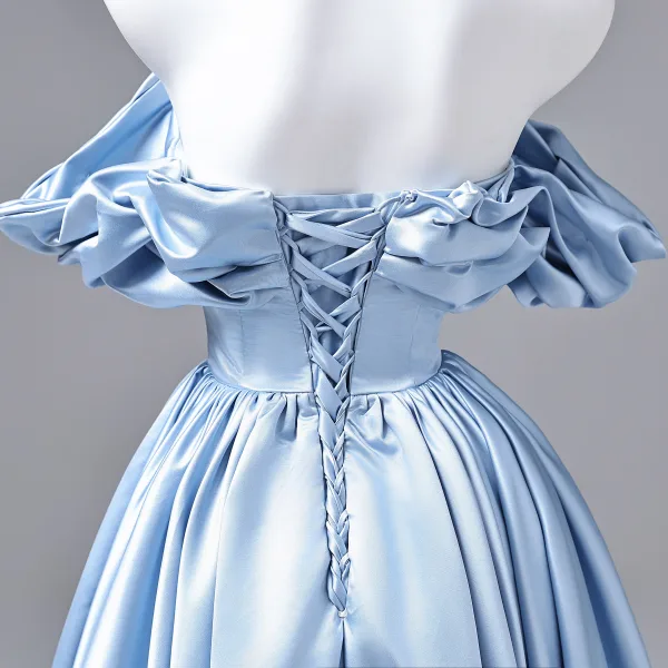Elegant Sky Blue Prom Dresses 2026 Ball Gown Off-The-Shoulder Sleeveless Backless Floor-Length / Long Formal Dresses