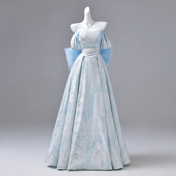 Elegant Sky Blue Prom Dresses 2026 Ball Gown Strapless Sleeveless Backless Bow Floor-Length / Long Formal Dresses