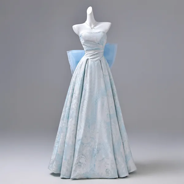 Elegant Sky Blue Prom Dresses 2026 Ball Gown Strapless Sleeveless Backless Bow Floor-Length / Long Formal Dresses
