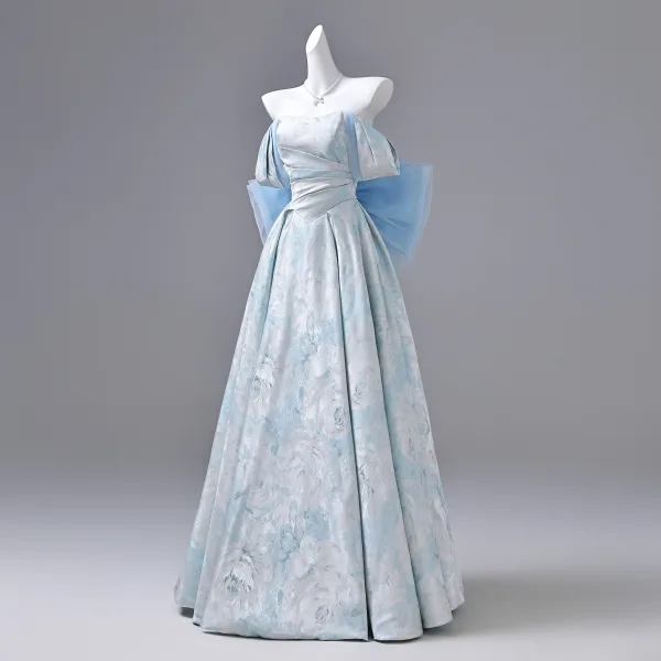 Elegant Sky Blue Prom Dresses 2026 Ball Gown Strapless Sleeveless Backless Bow Floor-Length / Long Formal Dresses
