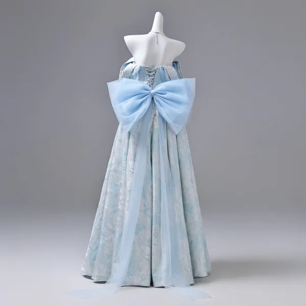 Elegant Sky Blue Prom Dresses 2026 Ball Gown Strapless Sleeveless Backless Bow Floor-Length / Long Formal Dresses