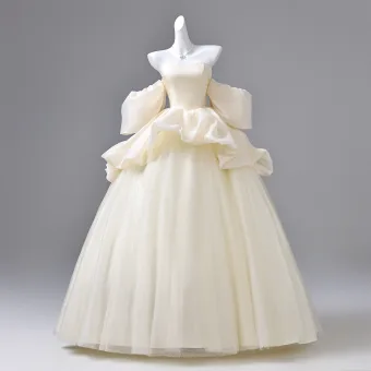Elegant Champagne Prom Dresses 2026 Ball Gown Off The Shoulder Puffy Short Sleeve Backless Floor Length Long Formal Dresses
