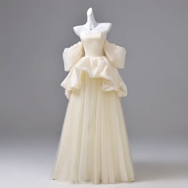 Elegant Champagne Prom Dresses 2026 Ball Gown Off-The-Shoulder Puffy Short Sleeve Backless Floor-Length / Long Formal Dresses