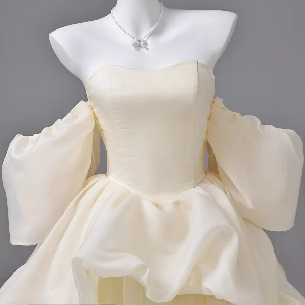 Elegant Champagne Prom Dresses 2026 Ball Gown Off-The-Shoulder Puffy Short Sleeve Backless Floor-Length / Long Formal Dresses