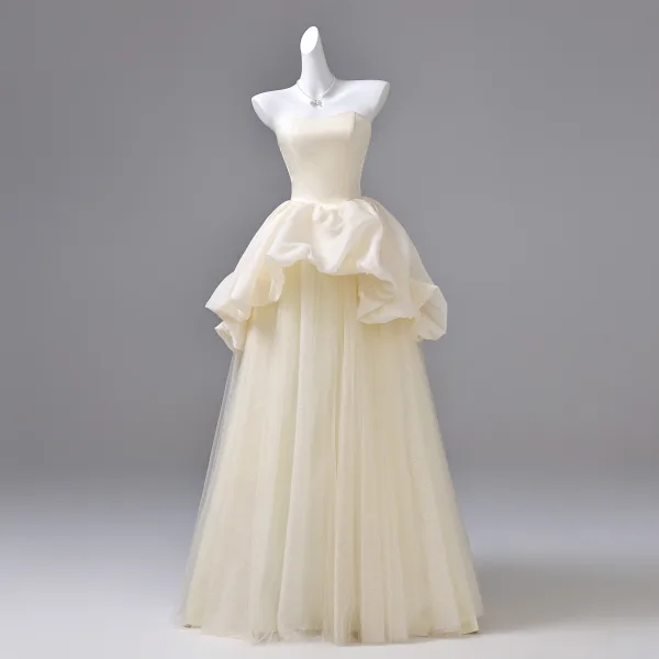 Elegant Champagne Prom Dresses 2026 Ball Gown Off-The-Shoulder Puffy Short Sleeve Backless Floor-Length / Long Formal Dresses