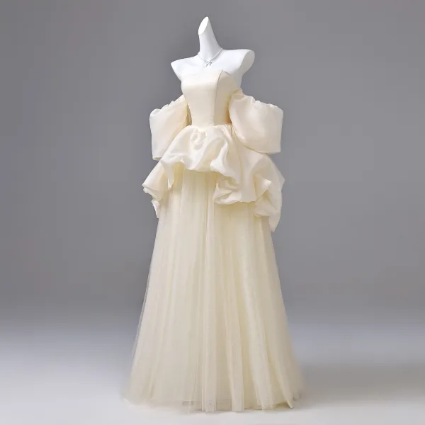 Elegant Champagne Prom Dresses 2026 Ball Gown Off-The-Shoulder Puffy Short Sleeve Backless Floor-Length / Long Formal Dresses