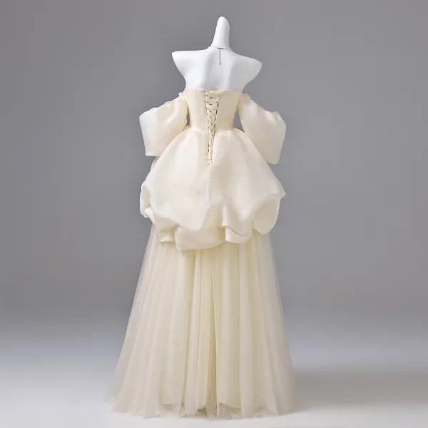 Elegant Champagne Prom Dresses 2026 Ball Gown Off-The-Shoulder Puffy Short Sleeve Backless Floor-Length / Long Formal Dresses