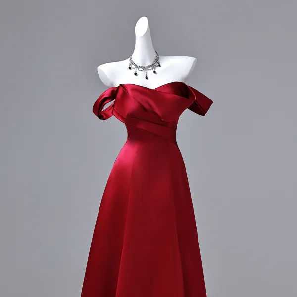 Vintage / Retro Burgundy Prom Dresses 2026 A-Line / Princess Off-The-Shoulder Sleeveless Backless Floor-Length / Long Formal Dresses