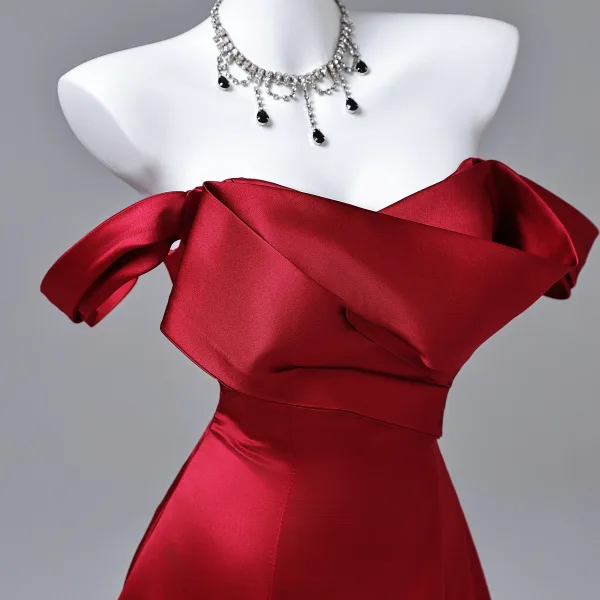 Vintage / Retro Burgundy Prom Dresses 2026 A-Line / Princess Off-The-Shoulder Sleeveless Backless Floor-Length / Long Formal Dresses
