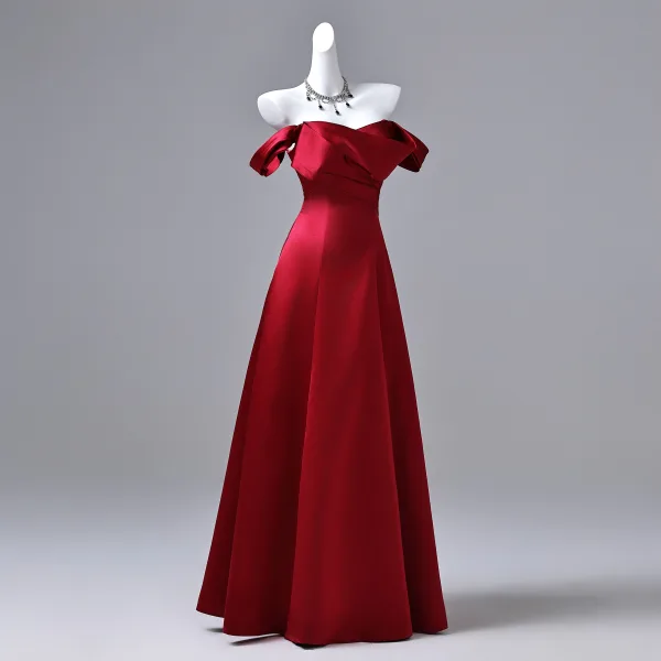 Vintage / Retro Burgundy Prom Dresses 2026 A-Line / Princess Off-The-Shoulder Sleeveless Backless Floor-Length / Long Formal Dresses