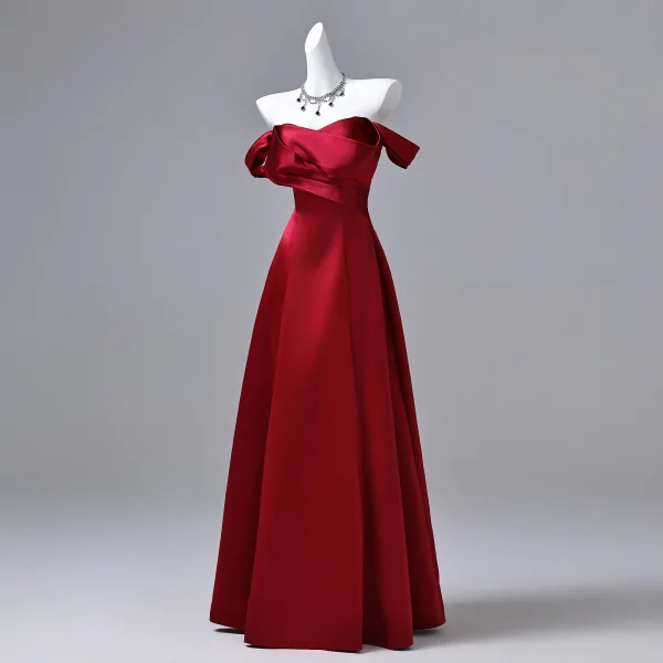 Vintage / Retro Burgundy Prom Dresses 2026 A-Line / Princess Off-The-Shoulder Sleeveless Backless Floor-Length / Long Formal Dresses