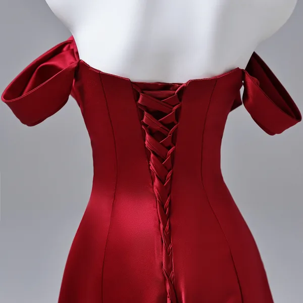 Vintage / Retro Burgundy Prom Dresses 2026 A-Line / Princess Off-The-Shoulder Sleeveless Backless Floor-Length / Long Formal Dresses