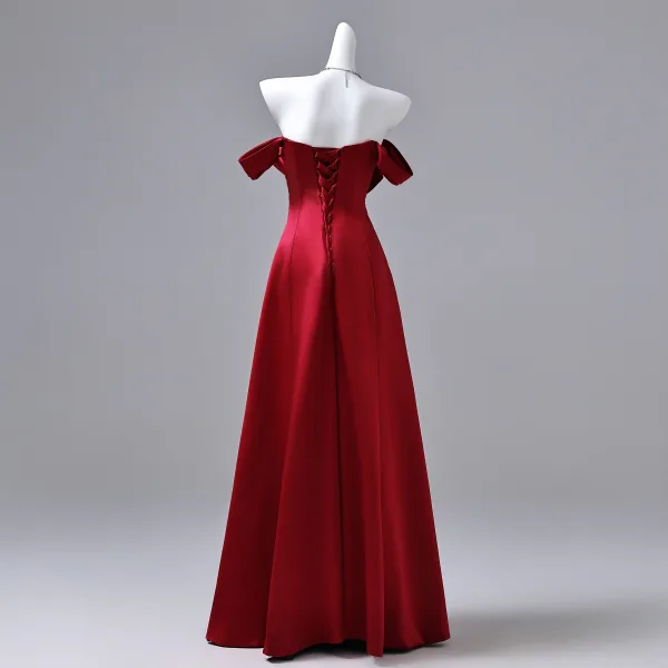 Vintage / Retro Burgundy Prom Dresses 2026 A-Line / Princess Off-The-Shoulder Sleeveless Backless Floor-Length / Long Formal Dresses