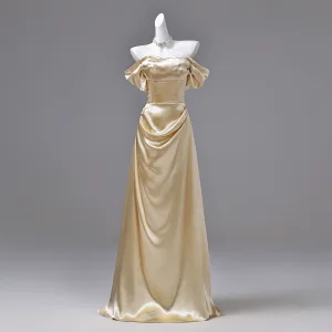 Sexy Doré Robe De Soirée 2026 Princesse De L Épaule Manches Courtes Dos Nu Train De Balayage Robe De Ceremonie