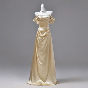 Sexy Gold Evening Dresses 2026 A Line Princess Off The Shoulder Short Sleeve Backless Sweep Train Formal Dresses