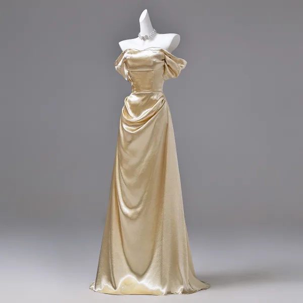 Sexy Gold Evening Dresses 2026 A-Line / Princess Off-The-Shoulder Short Sleeve Backless Sweep Train Formal Dresses