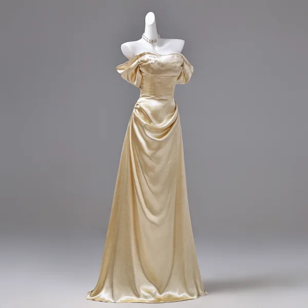 Sexy Gold Evening Dresses 2026 A-Line / Princess Off-The-Shoulder Short Sleeve Backless Sweep Train Formal Dresses