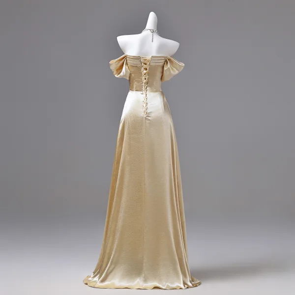 Sexy Gold Evening Dresses 2026 A-Line / Princess Off-The-Shoulder Short Sleeve Backless Sweep Train Formal Dresses