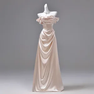 Sexy Champagne Evening Dresses 2026 A Line Princess Off The Shoulder Short Sleeve Backless Floor Length Long Formal Dresses