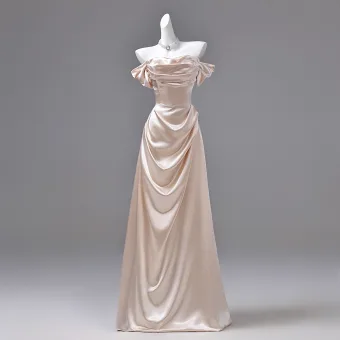 Sexy Champagne Evening Dresses 2026 A Line Princess Off The Shoulder Short Sleeve Backless Floor Length Long Formal Dresses