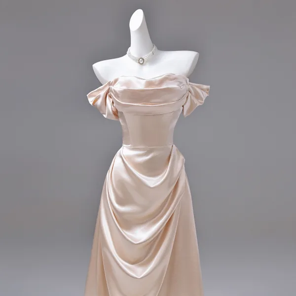 Sexy Champagne Evening Dresses 2026 A-Line / Princess Off-The-Shoulder Short Sleeve Backless Floor-Length / Long Formal Dresses