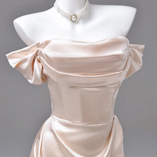 Sexy Champagne Evening Dresses 2026 A-Line / Princess Off-The-Shoulder Short Sleeve Backless Floor-Length / Long Formal Dresses