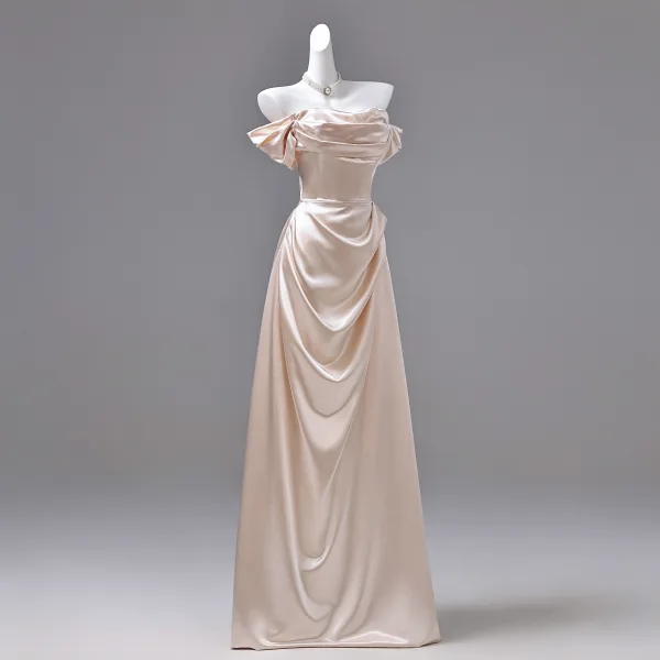 Sexy Champagne Evening Dresses 2026 A-Line / Princess Off-The-Shoulder Short Sleeve Backless Floor-Length / Long Formal Dresses