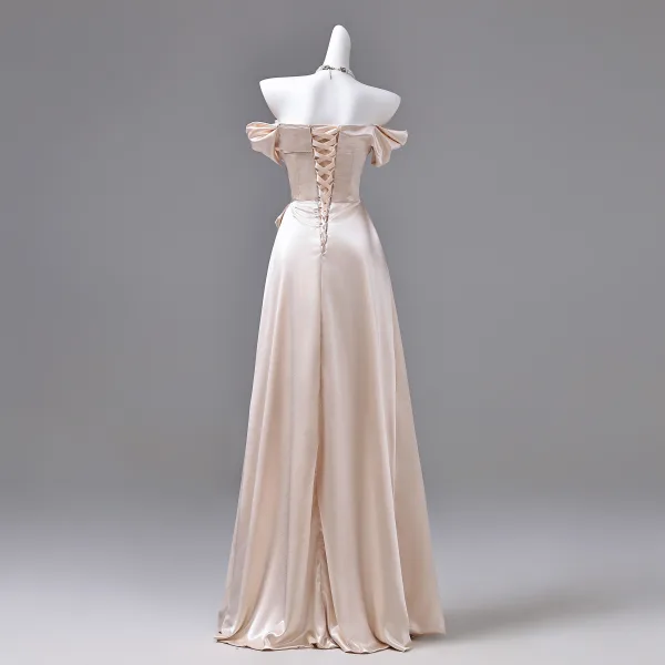 Sexy Champagne Evening Dresses 2026 A-Line / Princess Off-The-Shoulder Short Sleeve Backless Floor-Length / Long Formal Dresses
