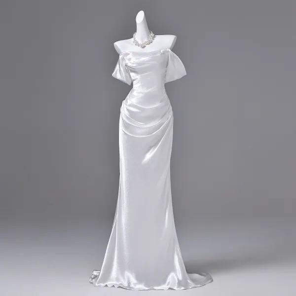 Sexy Ivoire Robe De Soirée 2026 Trompette / Sirène De l'épaule Manches Courtes Dos Nu Train De Balayage Robe De Ceremonie