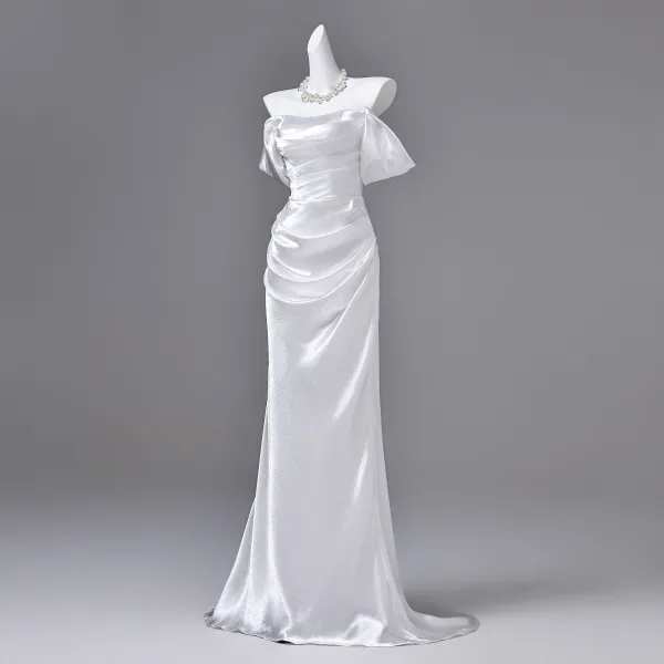 Sexy Ivoire Robe De Soirée 2026 Trompette / Sirène De l'épaule Manches Courtes Dos Nu Train De Balayage Robe De Ceremonie