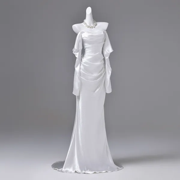 Sexy Ivoire Robe De Soirée 2026 Trompette / Sirène De l'épaule Manches Courtes Dos Nu Train De Balayage Robe De Ceremonie