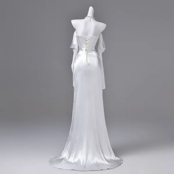 Sexy Ivoire Robe De Soirée 2026 Trompette / Sirène De l'épaule Manches Courtes Dos Nu Train De Balayage Robe De Ceremonie