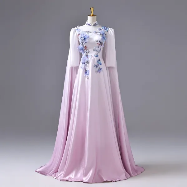 Vintage / Retro Blushing Pink Beading Sequins Appliques Prom Dresses 2026 A-Line / Princess High Neck 3/4 Sleeve Floor-Length / Long Formal Dresses