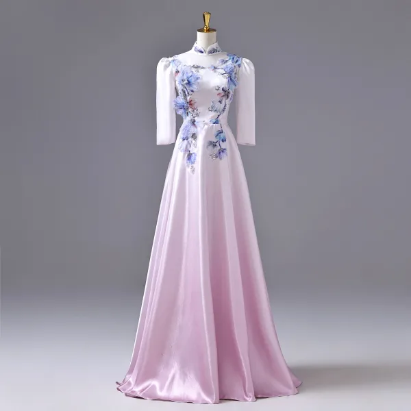 Vintage / Retro Blushing Pink Beading Sequins Appliques Prom Dresses 2026 A-Line / Princess High Neck 3/4 Sleeve Floor-Length / Long Formal Dresses