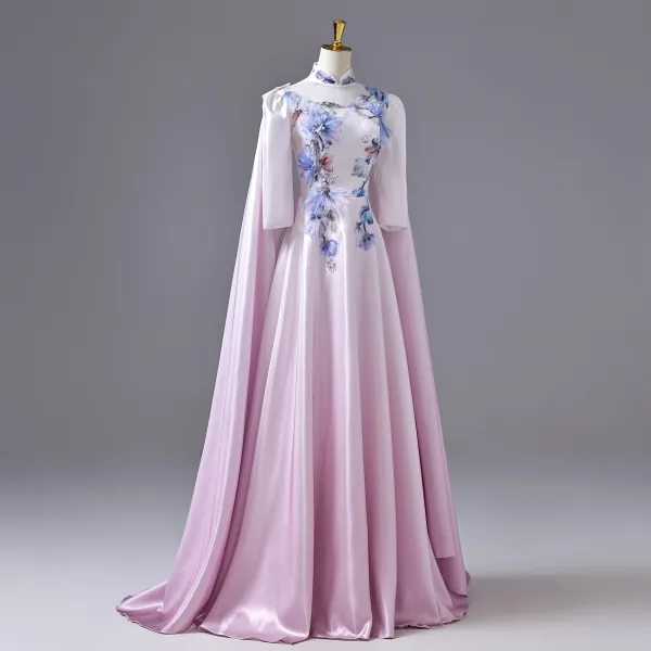 Vintage / Retro Blushing Pink Beading Sequins Appliques Prom Dresses 2026 A-Line / Princess High Neck 3/4 Sleeve Floor-Length / Long Formal Dresses
