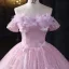 Chic / Beautiful Blushing Pink Sequins Lace Butterfly Appliques Prom Dresses 2025 Ball Gown Off-The-Shoulder Short Sleeve Backless Floor-Length / Long Formal Dresses