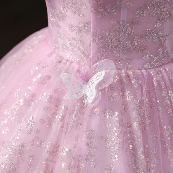 Chic / Beautiful Blushing Pink Sequins Lace Butterfly Appliques Prom Dresses 2025 Ball Gown Off-The-Shoulder Short Sleeve Backless Floor-Length / Long Formal Dresses