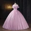 Chic / Beautiful Blushing Pink Sequins Lace Butterfly Appliques Prom Dresses 2025 Ball Gown Off-The-Shoulder Short Sleeve Backless Floor-Length / Long Formal Dresses