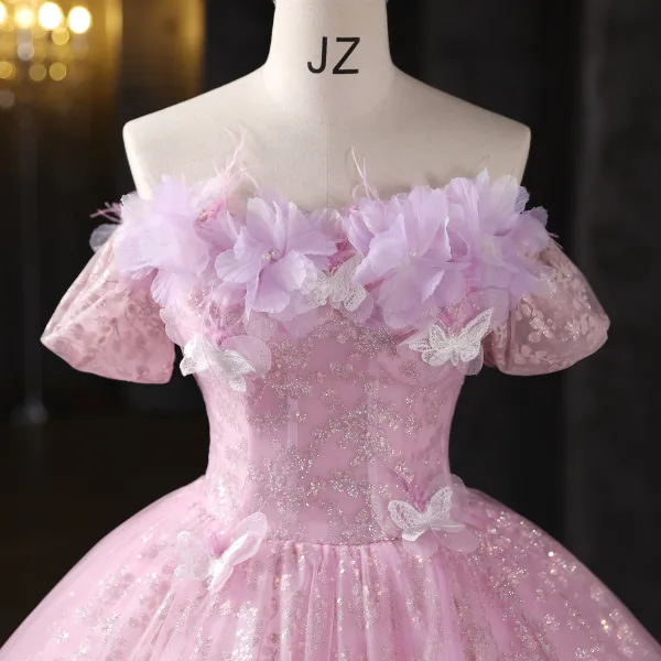 Chic / Beautiful Blushing Pink Sequins Lace Butterfly Appliques Prom Dresses 2025 Ball Gown Off-The-Shoulder Short Sleeve Backless Floor-Length / Long Formal Dresses