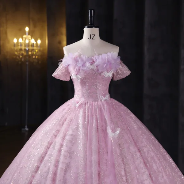 Chic / Beautiful Blushing Pink Sequins Lace Butterfly Appliques Prom Dresses 2025 Ball Gown Off-The-Shoulder Short Sleeve Backless Floor-Length / Long Formal Dresses